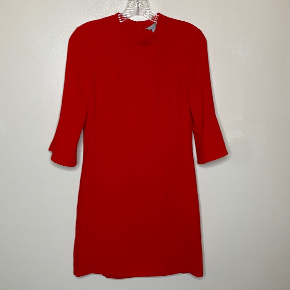 H & M Mini Dress Red Shift 3/4 Bell Sleeves Mandarin Collar Covered Buttons 2